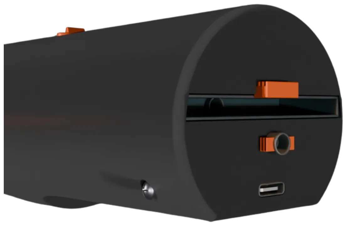 Rear end cap with built-in crevice tool storage and charging port