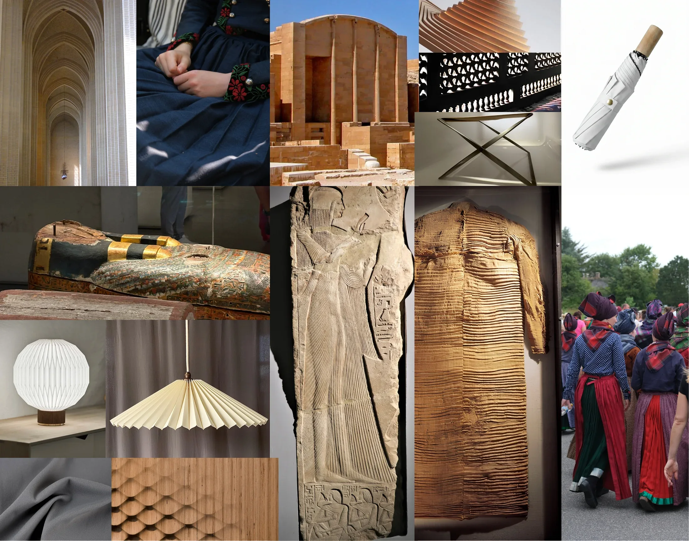 Reference board: Grundtvig’s Church, Djoser temple, mashrabiya, sarcophagus joints, pleated lamps, Egyptian stone relief, pleated linen tunic, Fanø dresses, nylon fabric